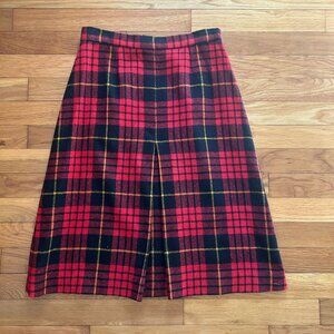 Vintage Red & Black Plaid Wool Pleated A-Line Midi Skirt
